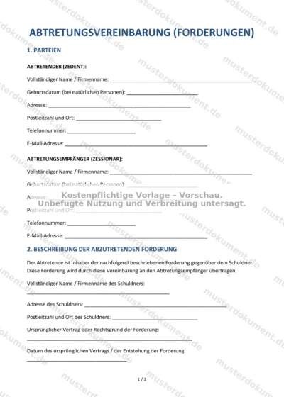 Abtretungsvereinbarung (Forderungen) — Vorlage Word & PDF — Vertragsvorlage im DOCX-Format