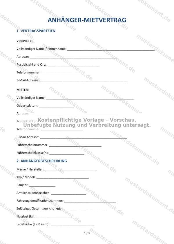 Anhänger-Mietvertrag — Vorlage Word & PDF