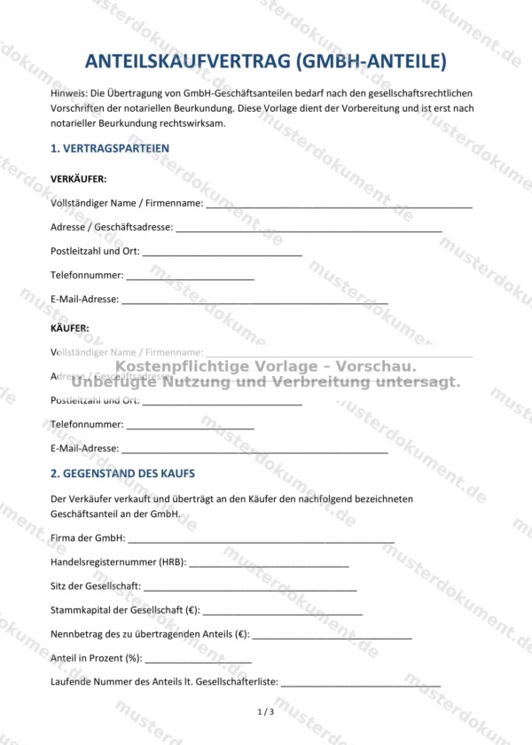 Anteilskaufvertrag (GmbH-Anteile) — Vorlage Word & PDF