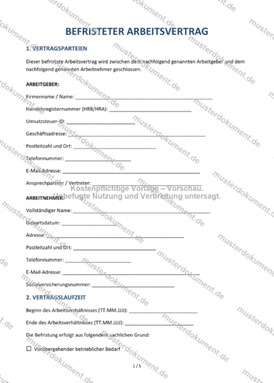 Befristeter Arbeitsvertrag — Vorlage Word & PDF — Vertragsvorlage im DOCX-Format