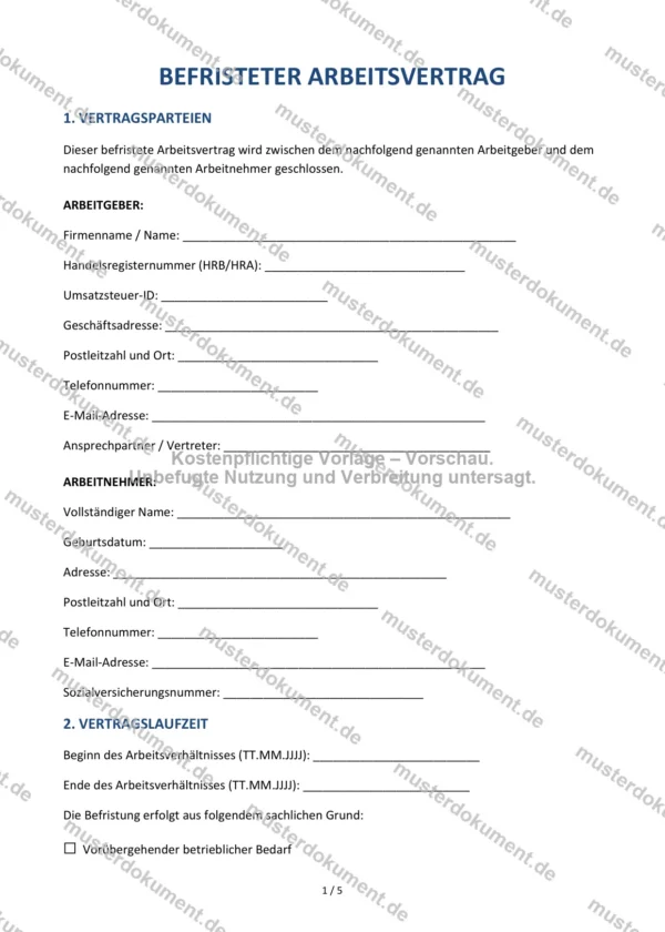 Befristeter Arbeitsvertrag — Vorlage Word & PDF