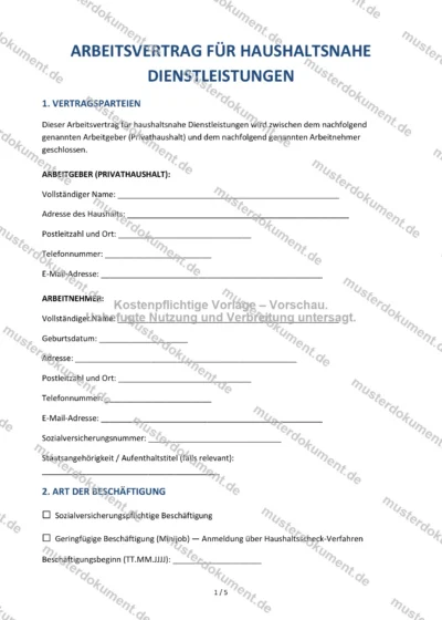 Arbeitsvertrag für haushaltsnahe Dienstleistungen — Vorlage Word & PDF — Vertragsvorlage im DOCX-Format