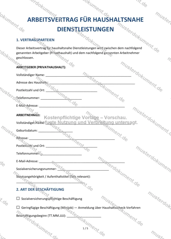 Arbeitsvertrag für haushaltsnahe Dienstleistungen — Vorlage Word & PDF