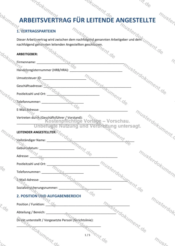 Arbeitsvertrag für leitende Angestellte — Vorlage Word & PDF