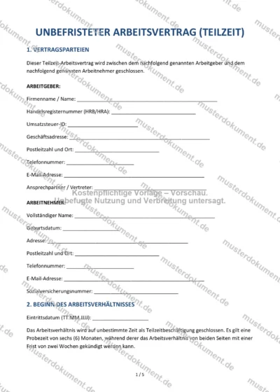 Unbefristeter Arbeitsvertrag (Teilzeit) — Vorlage Word & PDF — Vertragsvorlage im DOCX-Format