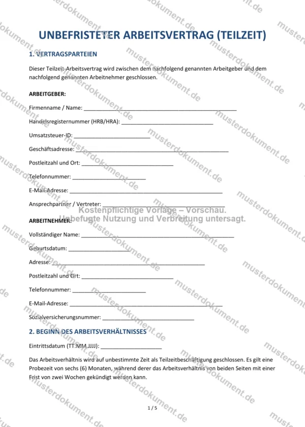 Unbefristeter Arbeitsvertrag (Teilzeit) — Vorlage Word & PDF