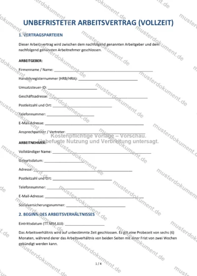Unbefristeter Arbeitsvertrag (Vollzeit) — Vorlage Word & PDF — Vertragsvorlage im DOCX-Format