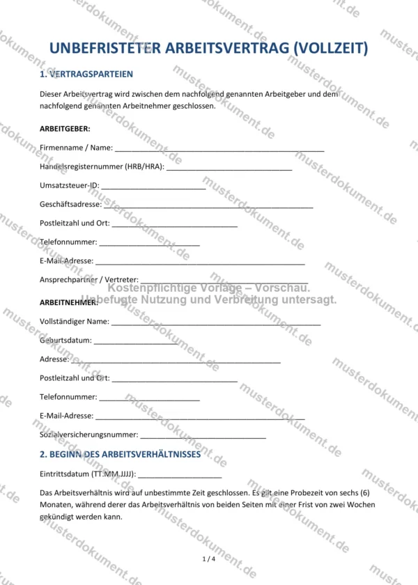 Unbefristeter Arbeitsvertrag (Vollzeit) — Vorlage Word & PDF