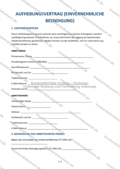 Aufhebungsvertrag (einvernehmliche Beendigung) — Vorlage Word & PDF — Vertragsvorlage im DOCX-Format