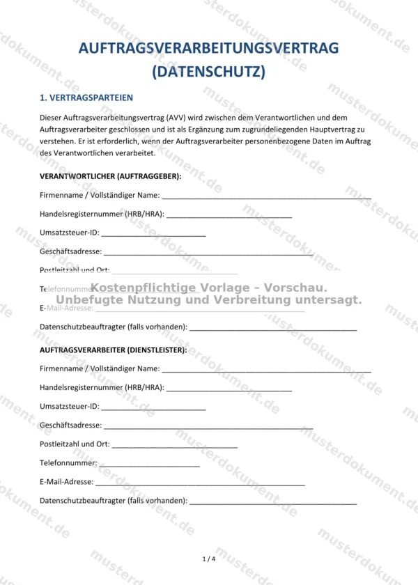 Auftragsverarbeitungsvertrag (Datenschutz) — Vorlage Word & PDF