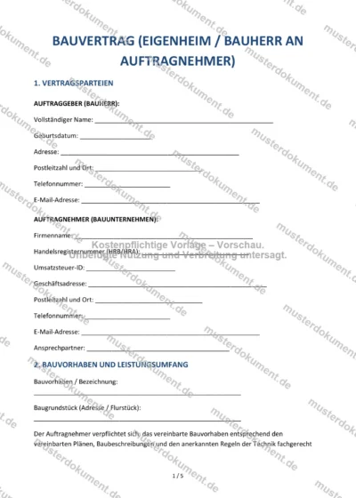 Bauvertrag (Eigenheim) — Vorlage Word & PDF — Vertragsvorlage im DOCX-Format