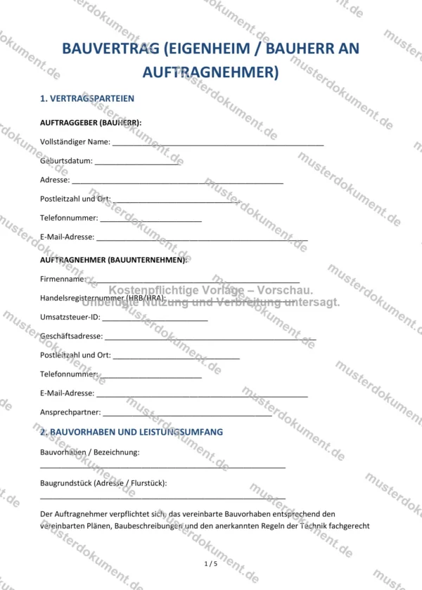 Bauvertrag (Eigenheim) — Vorlage Word & PDF