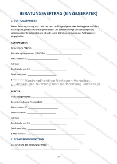 Beratungsvertrag (Einzelberater) — Vorlage Word & PDF — Vertragsvorlage im DOCX-Format