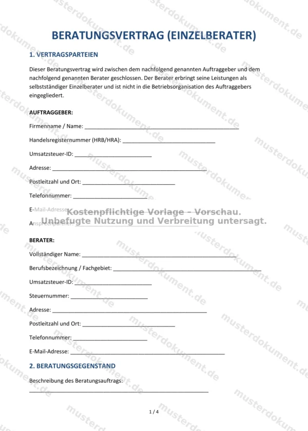 Beratungsvertrag (Einzelberater) — Vorlage Word & PDF