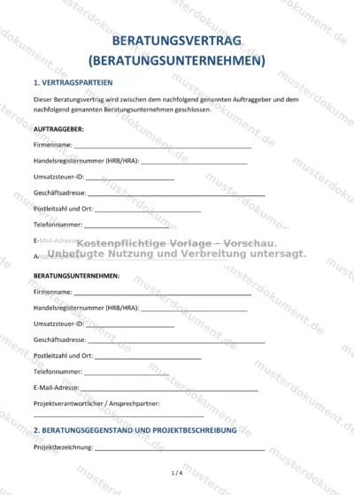 Beratungsvertrag (Beratungsunternehmen) — Vorlage Word & PDF — Vertragsvorlage im DOCX-Format