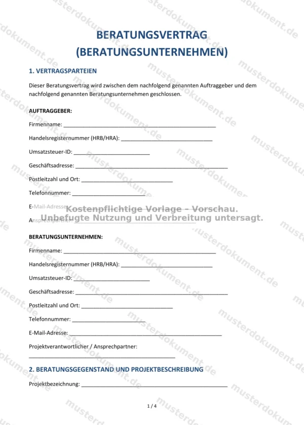 Beratungsvertrag (Beratungsunternehmen) — Vorlage Word & PDF
