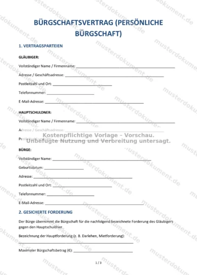 Bürgschaftsvertrag (persönliche Bürgschaft) — Vorlage Word & PDF — Vertragsvorlage im DOCX-Format