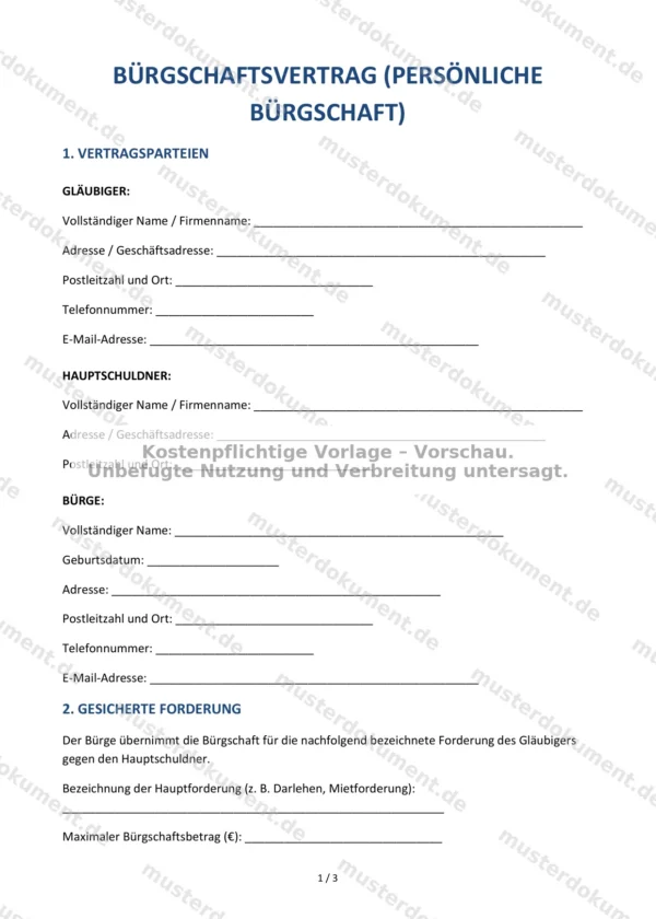 Bürgschaftsvertrag (persönliche Bürgschaft) — Vorlage Word & PDF