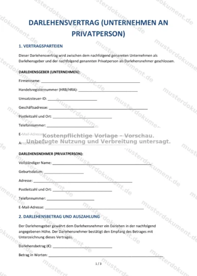 Darlehensvertrag (Unternehmen an Privatperson) — Vorlage Word & PDF — Vertragsvorlage im DOCX-Format