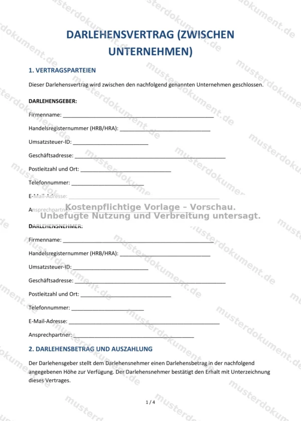 Darlehensvertrag (zwischen Unternehmen) — Vorlage Word & PDF