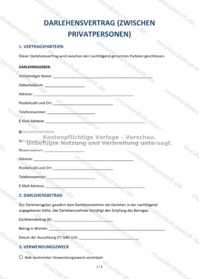 Darlehensvertrag (zwischen Privatpersonen) — Vorlage Word & PDF — Vertragsvorlage im DOCX-Format
