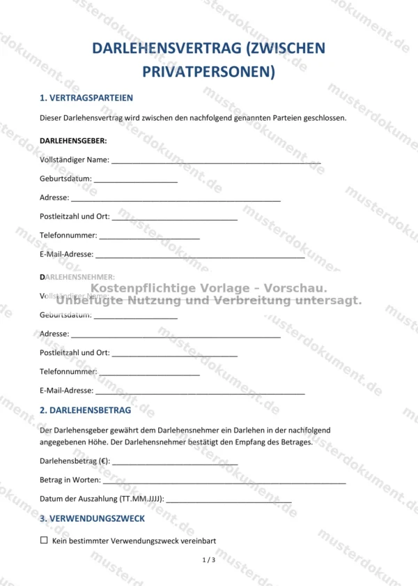 Darlehensvertrag (zwischen Privatpersonen) — Vorlage Word & PDF
