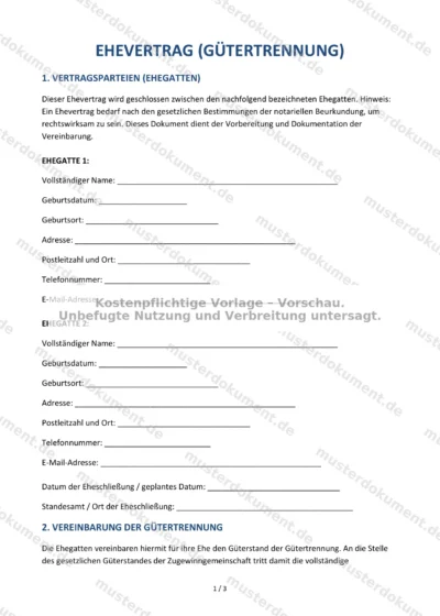 Ehevertrag (Gütertrennung) — Vorlage Word & PDF — Vertragsvorlage im DOCX-Format