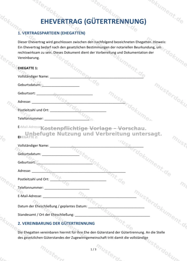Ehevertrag (Gütertrennung) — Vorlage Word & PDF