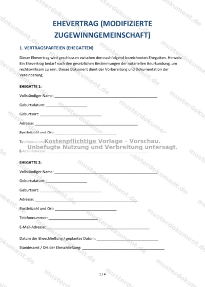 Ehevertrag (modifizierte Zugewinngemeinschaft) — Vorlage Word & PDF — Vertragsvorlage im DOCX-Format