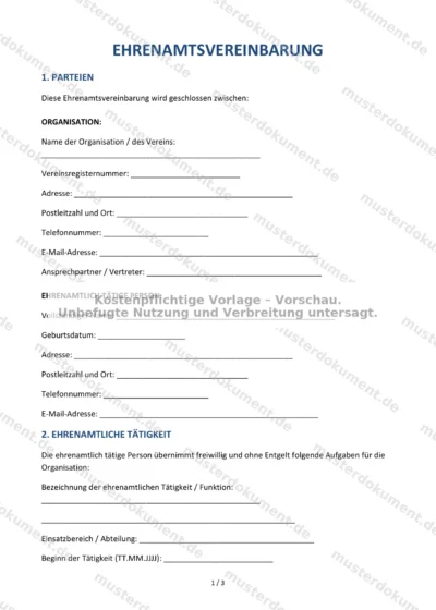 Ehrenamtsvereinbarung — Vorlage Word & PDF — Vertragsvorlage im DOCX-Format