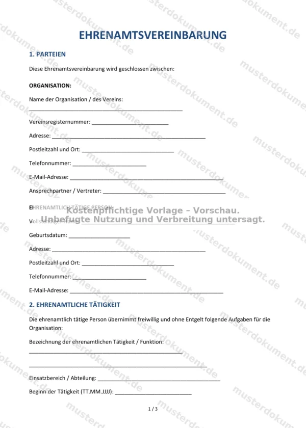 Ehrenamtsvereinbarung — Vorlage Word & PDF
