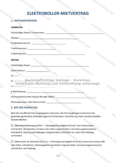 Elektroroller-Mietvertrag — Vorlage Word & PDF — Vertragsvorlage im DOCX-Format