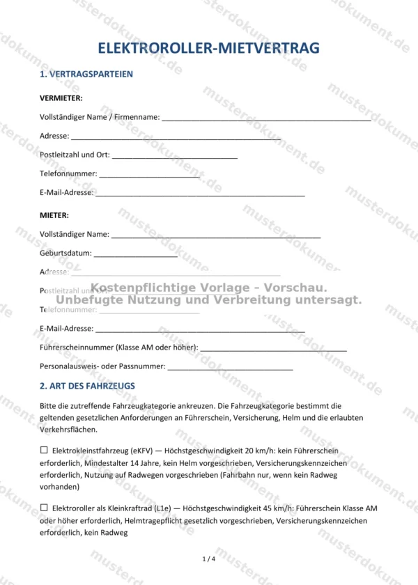 Elektroroller-Mietvertrag — Vorlage Word & PDF