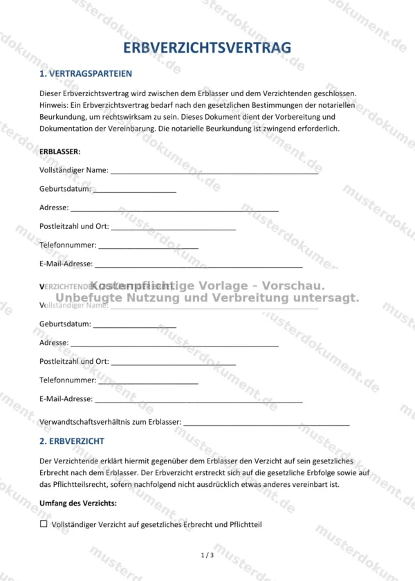 Erbverzichtsvertrag — Vorlage Word & PDF