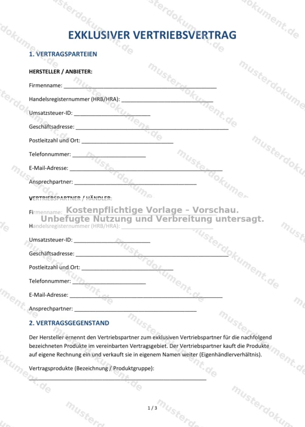 Exklusiver Vertriebsvertrag — Vorlage Word & PDF