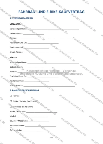 Fahrrad- und E-Bike-Kaufvertrag — Vorlage Word & PDF — Vertragsvorlage im DOCX-Format
