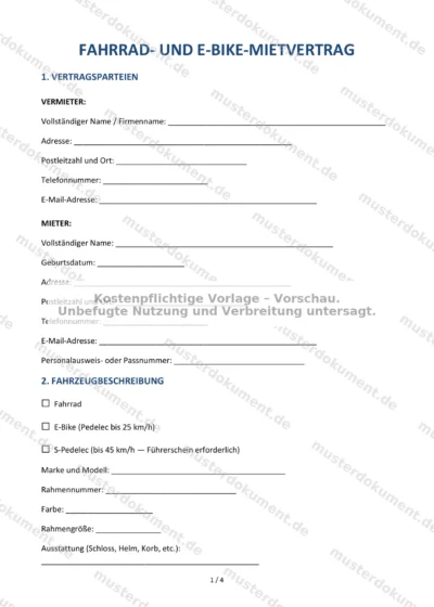 Fahrrad- und E-Bike-Mietvertrag — Vorlage Word & PDF — Vertragsvorlage im DOCX-Format