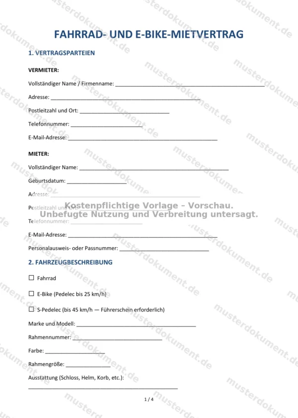 Fahrrad- und E-Bike-Mietvertrag — Vorlage Word & PDF