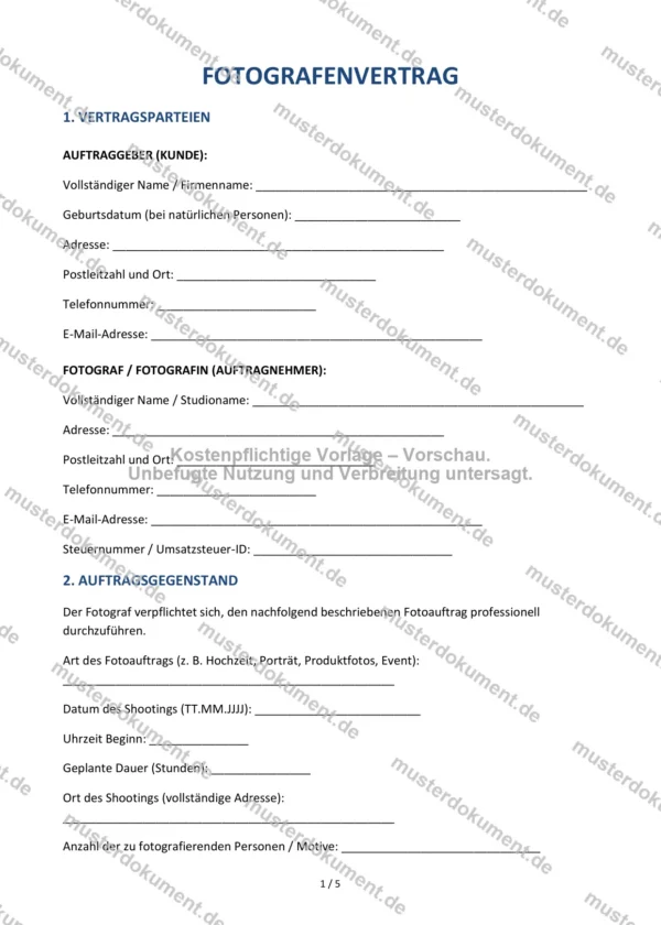 Fotografenvertrag — Vorlage Word & PDF