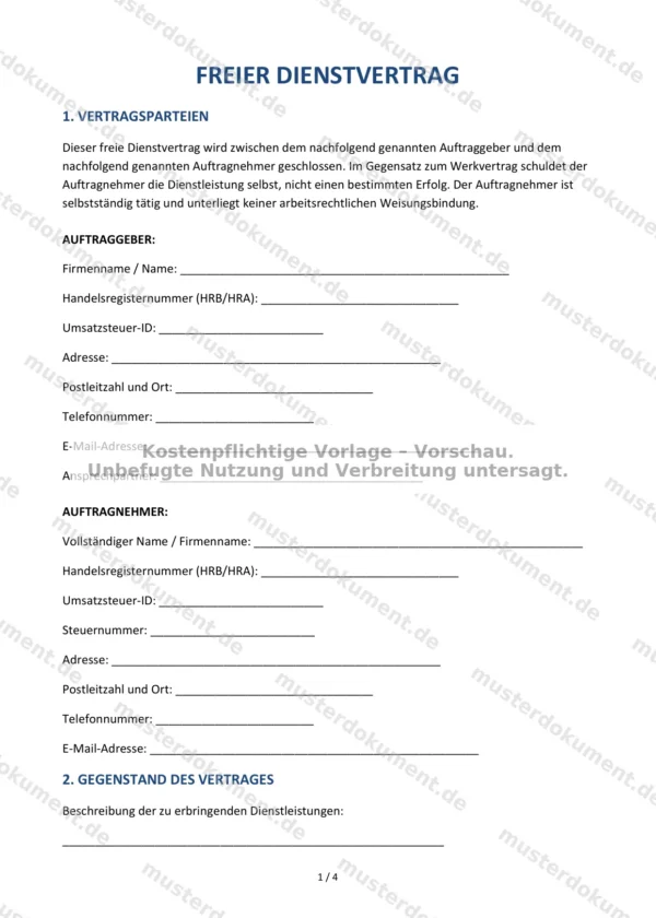 Freier Dienstvertrag — Vorlage Word & PDF