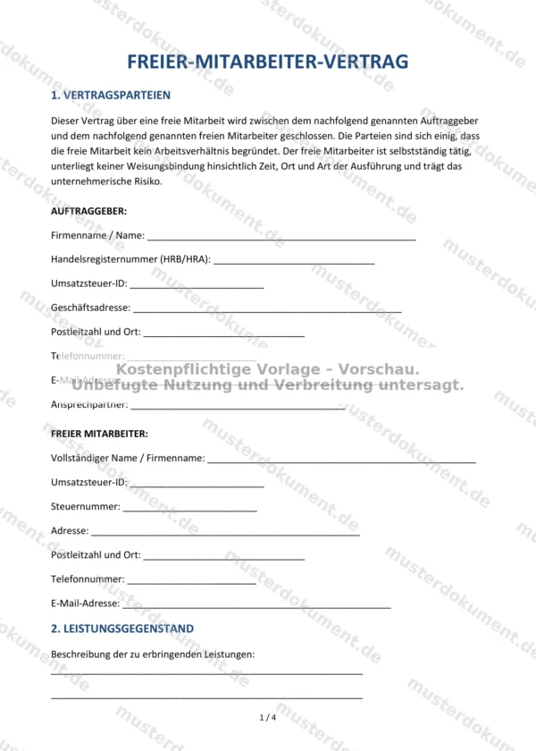 Freier-Mitarbeiter-Vertrag — Vorlage Word & PDF