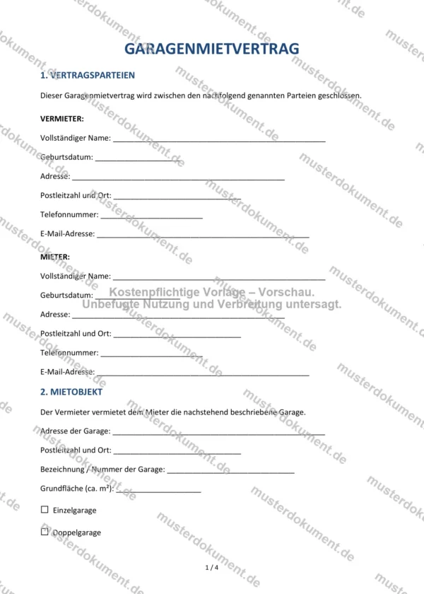 Garagenmietvertrag — Vorlage Word & PDF