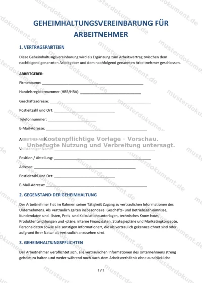 Geheimhaltungsvereinbarung für Arbeitnehmer — Vorlage Word & PDF — Vertragsvorlage im DOCX-Format