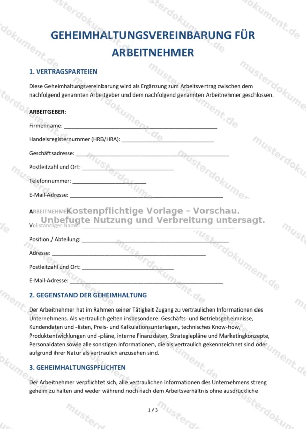 Geheimhaltungsvereinbarung für Arbeitnehmer — Vorlage Word & PDF