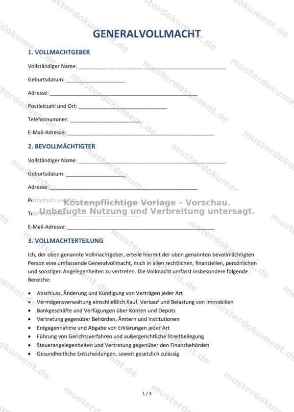 Generalvollmacht — Vorlage Word & PDF