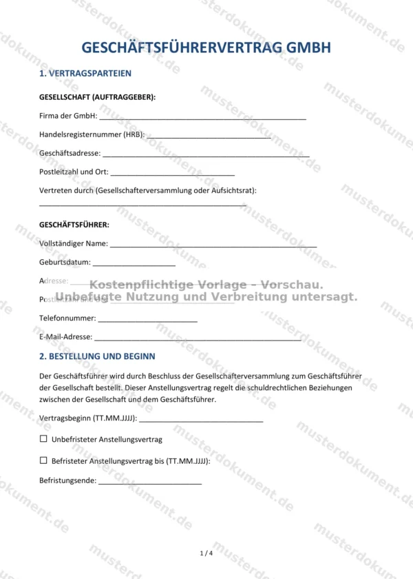 Geschäftsführervertrag GmbH — Vorlage Word & PDF