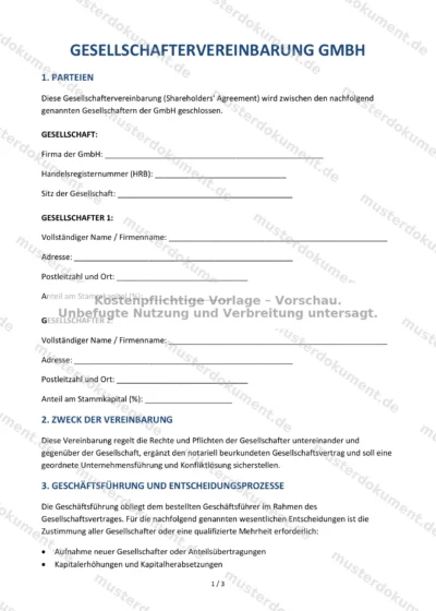 Gesellschaftervereinbarung GmbH — Vorlage Word & PDF — Vertragsvorlage im DOCX-Format