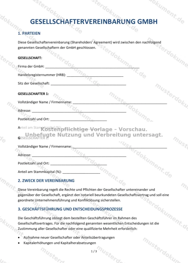 Gesellschaftervereinbarung GmbH — Vorlage Word & PDF