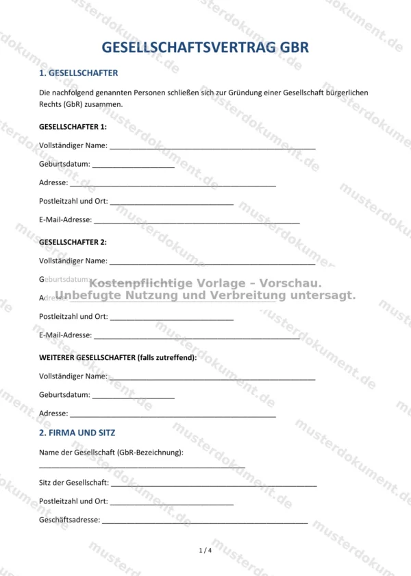 Gesellschaftsvertrag GbR — Vorlage Word & PDF