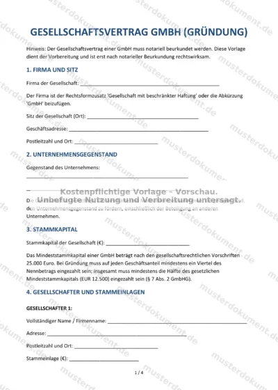 Gesellschaftsvertrag GmbH (Gründung) — Vorlage Word & PDF — Vertragsvorlage im DOCX-Format